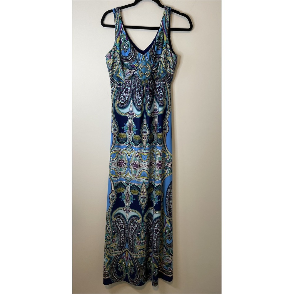 RN Studio Ronni Nicole Medium Blue Paisley Sleeveless Maxi‎ Dress V Neck